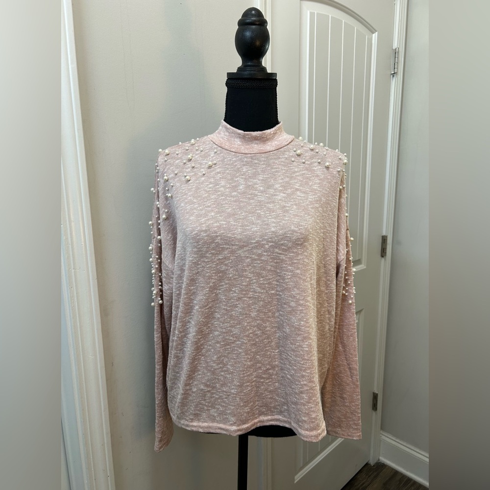 H&M Divided Pink Marl Faux Pearl Embellished Mock Neck‎ Sweater Womens Medium